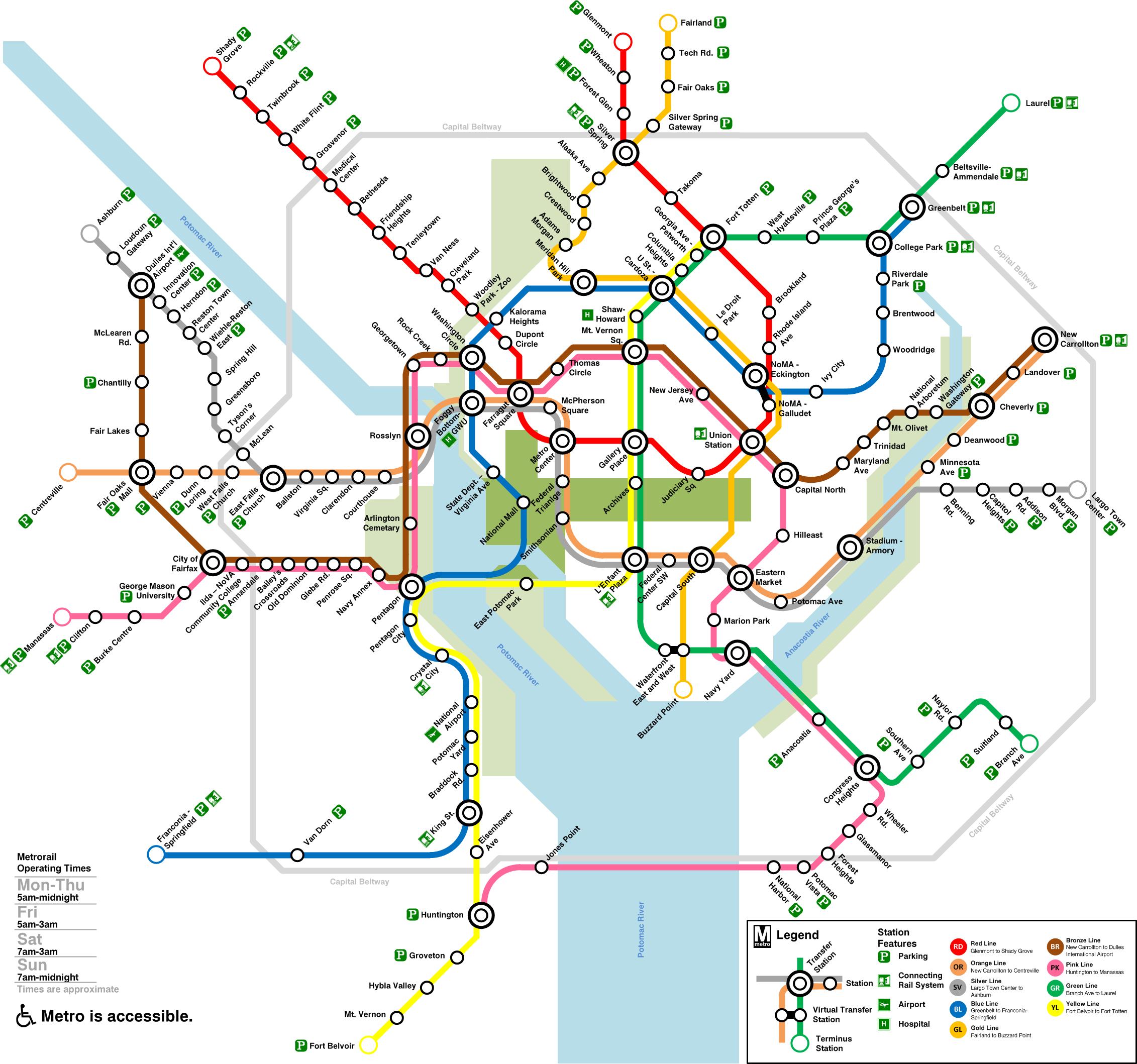 Mapa del metro de Washington DC líneas de metro y estaciones de metro